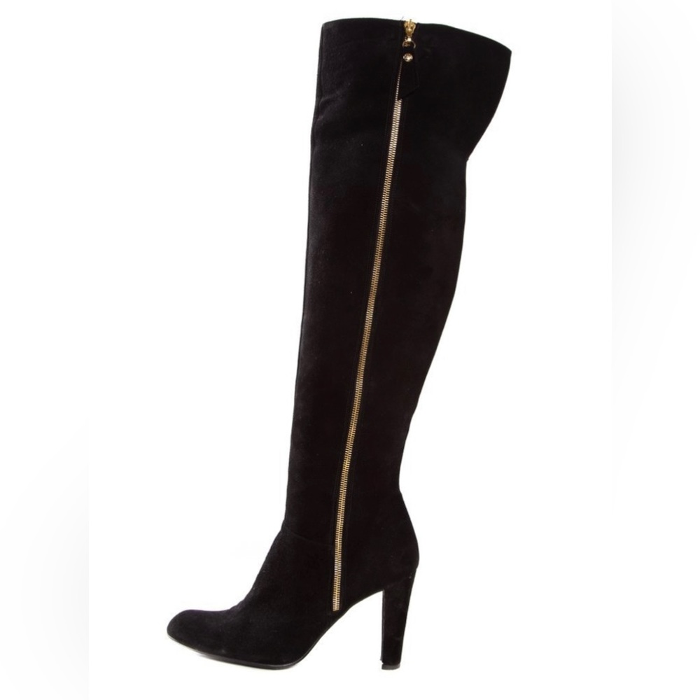 Stuart Weitzman over-the-knee black suede boots featuring a gold zipper.